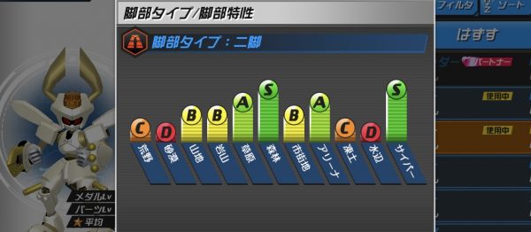 メダロットS脚部パーツ タイプ特性画面
